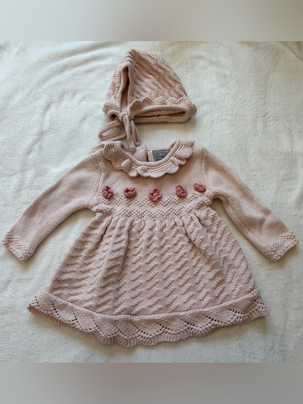 Tahari Baby Blush Knit Baby Dress & Bonnet Set